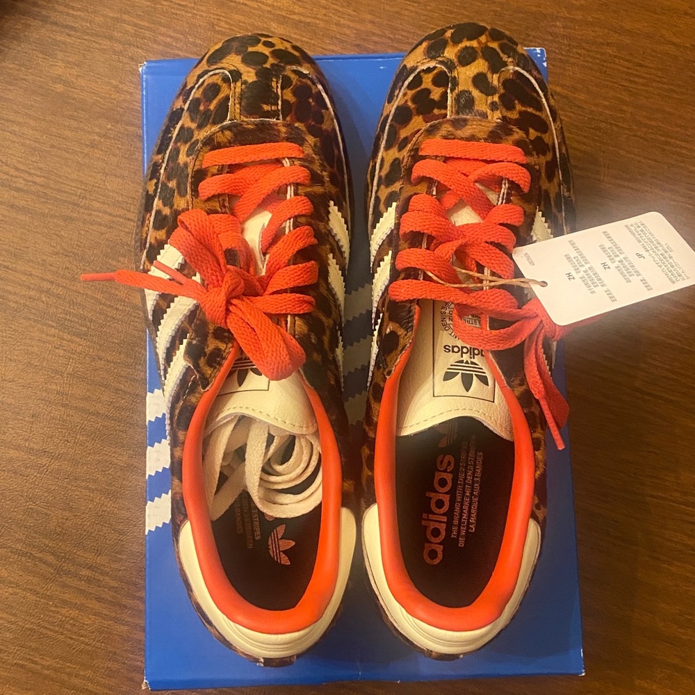 adidas Leopard Print Sneakers with Orange Laces and White Stripes - Picture 2 of 5